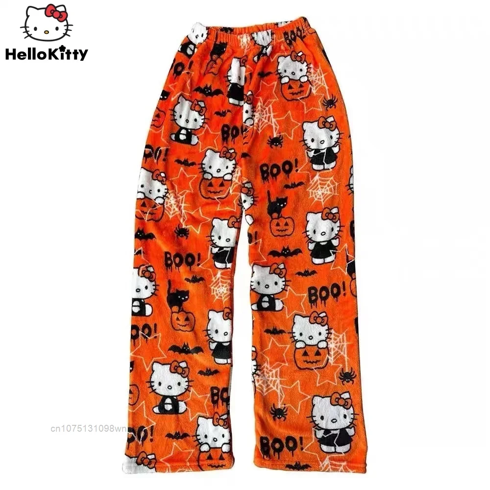 Halloween Pumpkin Hello Kitty Fashion Plush Fuzzy Casual Pants Y2k Girls\' Cute Cartoon Pajama Pants Autumn Home Trousers Gifts