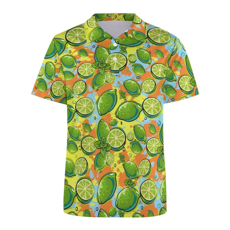 Polo con estampado 3D de limón y fresa para hombre, camiseta de manga corta con estampado de frutas, camiseta de gran tamaño con botones, moda de verano