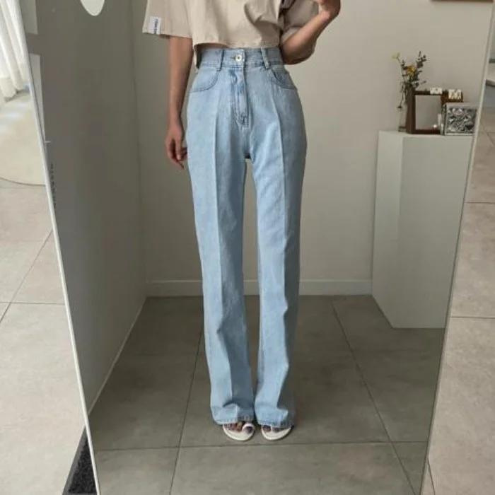

High Waist Bell Bottom Denim Jeans Retro Washed Edges Korean Style Casual Cotton Blend Four Season Wear for Young Women