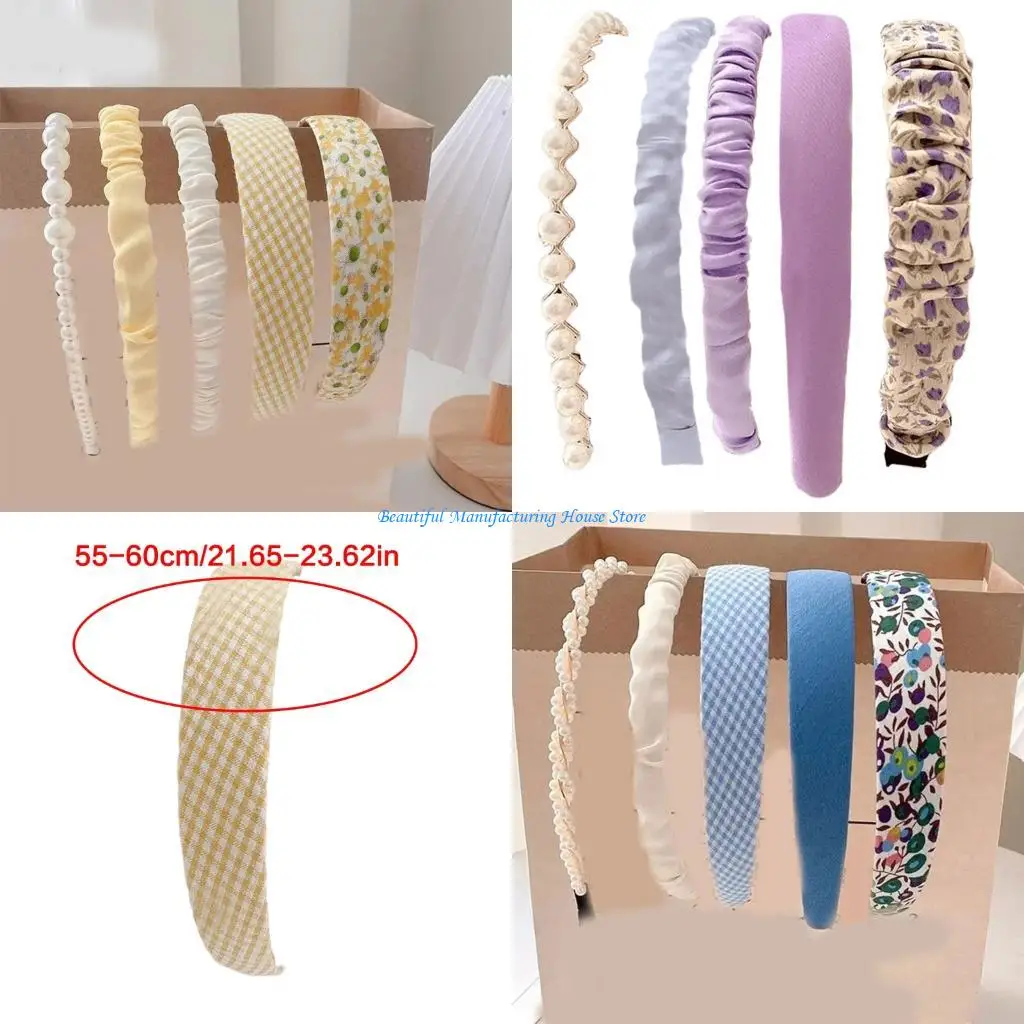 

E56A 5PCS Blue Tone Stylish Hairbands Pearls Embellished Design Stretchable Fabric For Long Wear