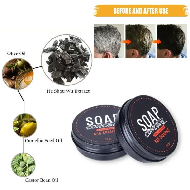 50g Black Hair Soap Hair Darkening Soap Shampoo Bar Fast Effective Repair Gray White Color Dye Hair Body Natural Org