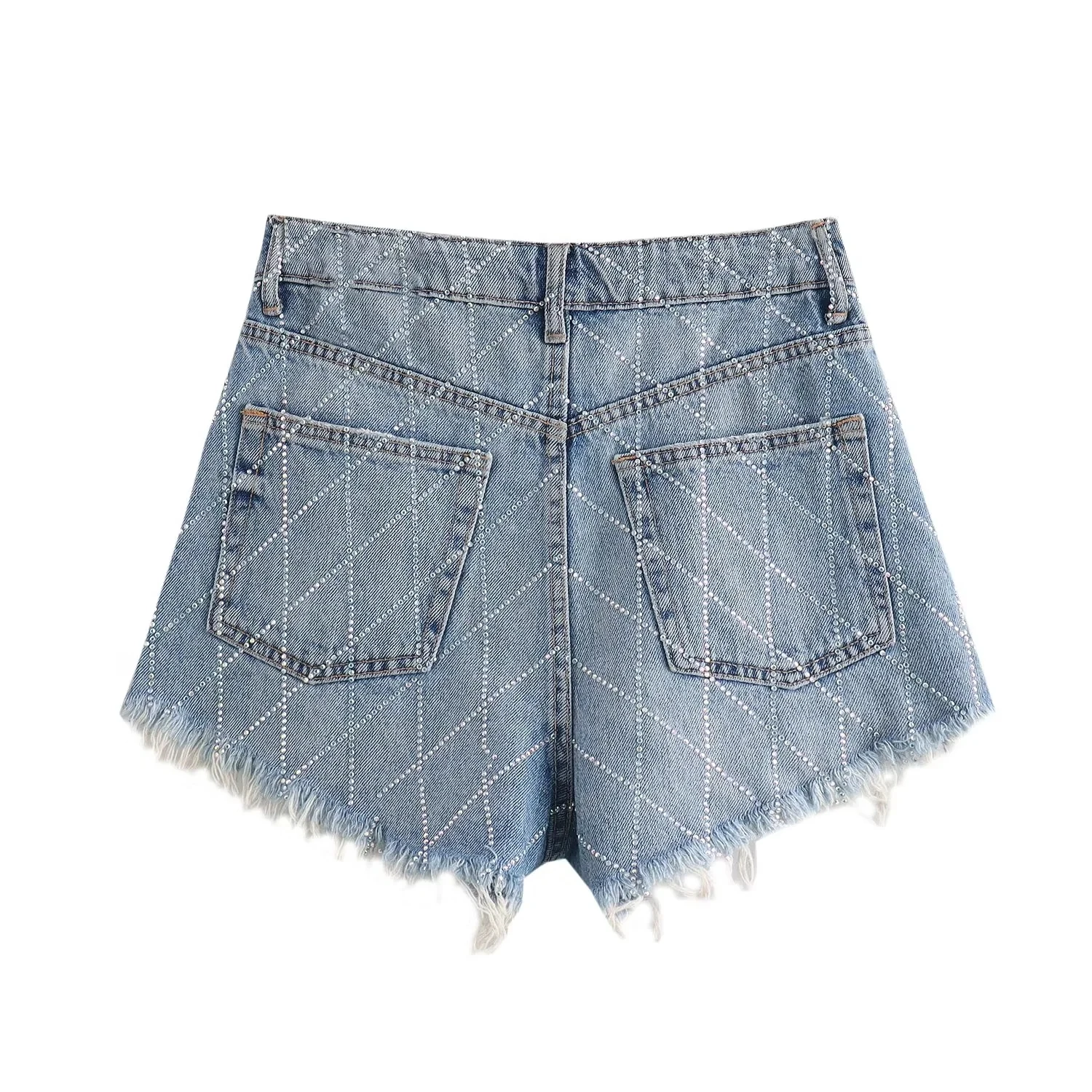 Blue Shining Rhinestone Denim Women's Shorts Jeans Short Pants Diamond Wide Leg Summer 2024 Korean Fashion Stylish Casual Trendy