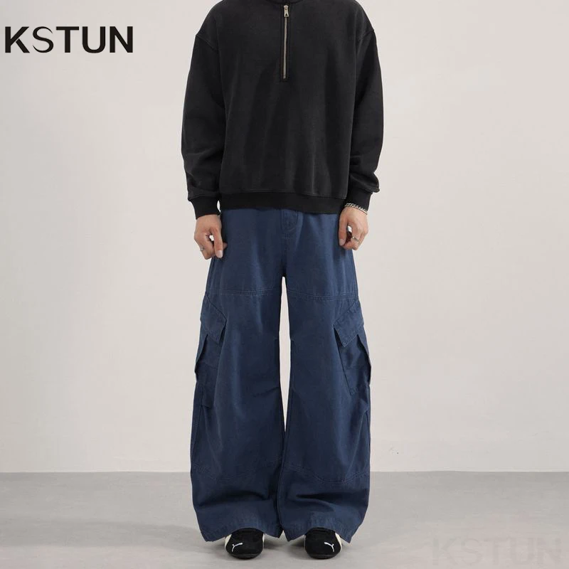 

KSTUN 2025 Men Washed Vintage Cargo Pants 100% Cotton Loose Fit Oversize Multi-Pockets Trousers Blue Male Casual Scimitar Pants