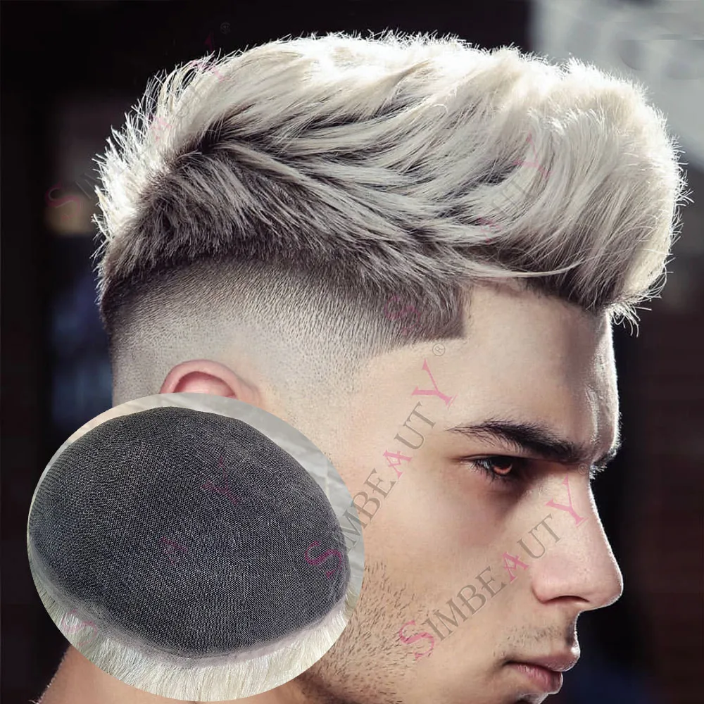 سوبر خط الشعر الطبيعي كامل الدانتيل السويسري 1B جذور سوداء رجل شعر مستعار أومبير اللون البلاتين شقراء رمادي أنظمة استبدال الشعر البشري