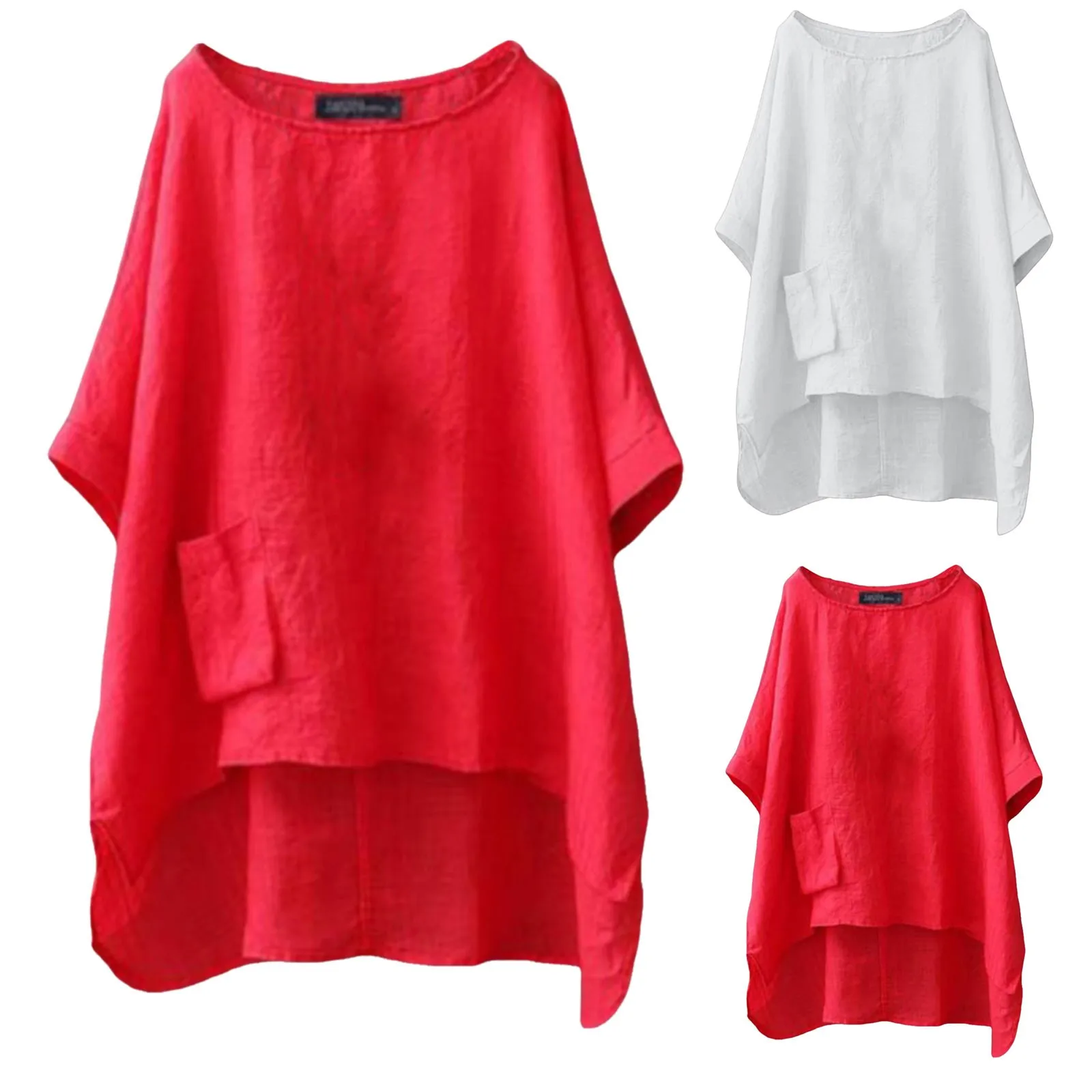 الصيف عادية القطن قميص كتان الصلبة كبيرة مستديرة الرقبة نصف كم التصحيح جيب عالية منخفضة هيم بلوزة للنساء kamas e blusas