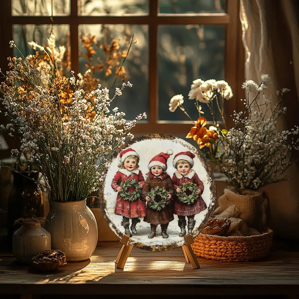 งานศิลปะติดผนังโลหะวินเทจคริสต์มาส ยังส์เตอร์ส&ฮอลลี่ -ป้ายอะลูมิเนียมทรงกลมขนาด 8x8 นิ้ว ของตกแต่งวันหยุดสุดคลาสสิกสำหรับบ้าน