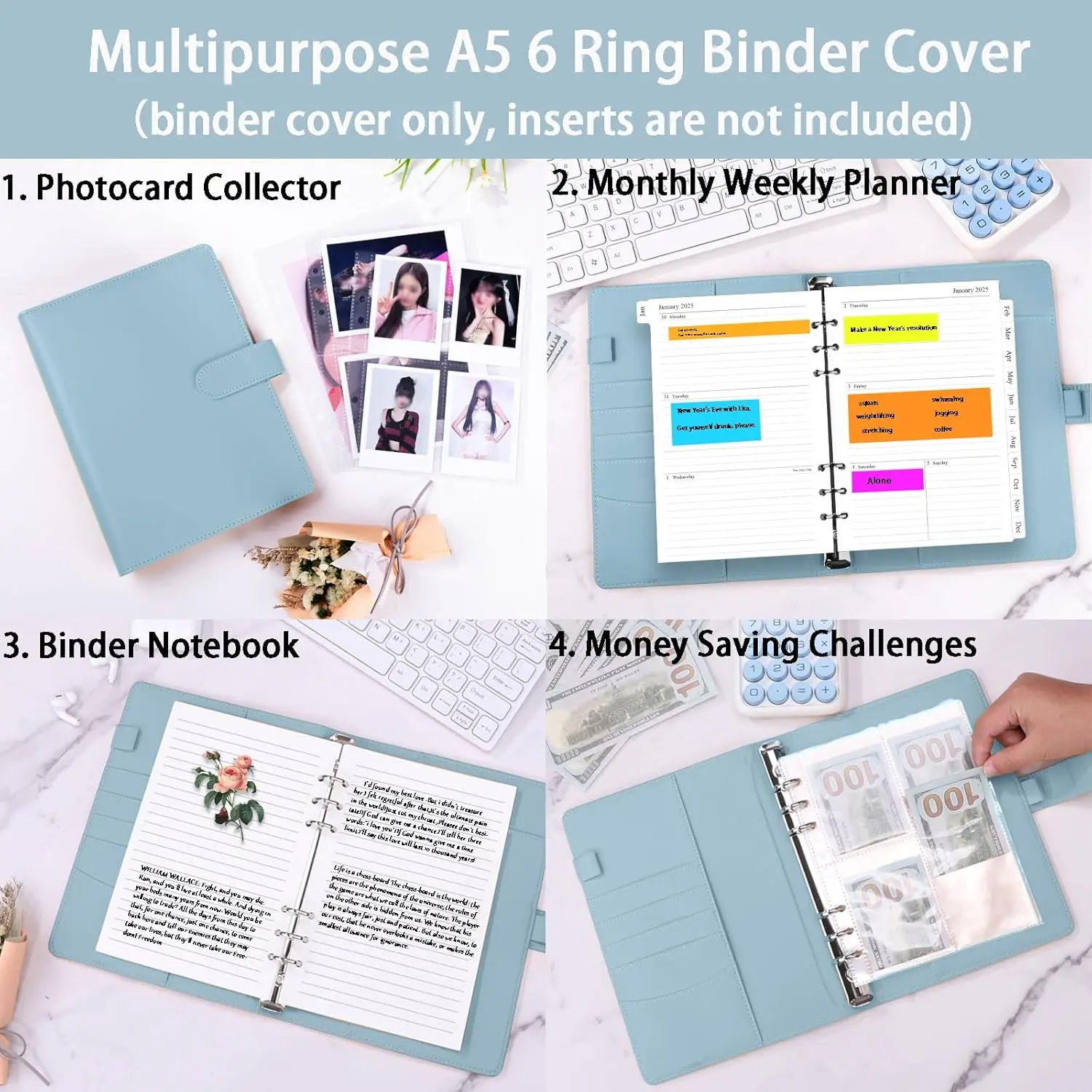 A5 Size PU Leather Binder Budget Wallet 6-Ring Refillable Notebook Cover, Personal Planner Binder with Magnetic Buckle Closure