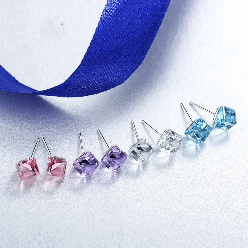 S925 silver pin Stud earrings for women girls 8 colors options austrian cz crystal square ear design jewelry