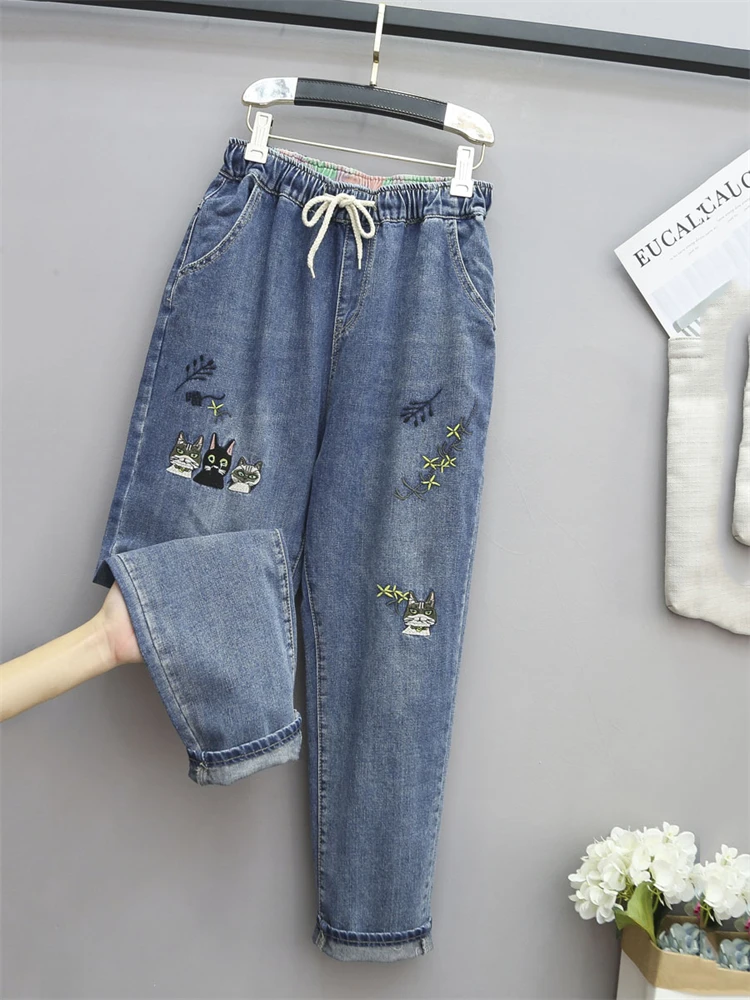 8265 Women Fashion Korea Style Cartoon Cat Embroidery Baggy Elastic Waist High Waist Denim Cropped Pants Female Harem Jeans