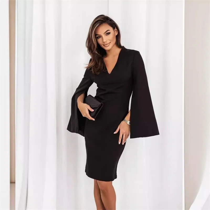 New 2024 Autumn Women Dress Sexy V-neck Fashion Split Long Sleeve Solid Color Slim Mini Dress Elegant Casual Office Ladies Dress