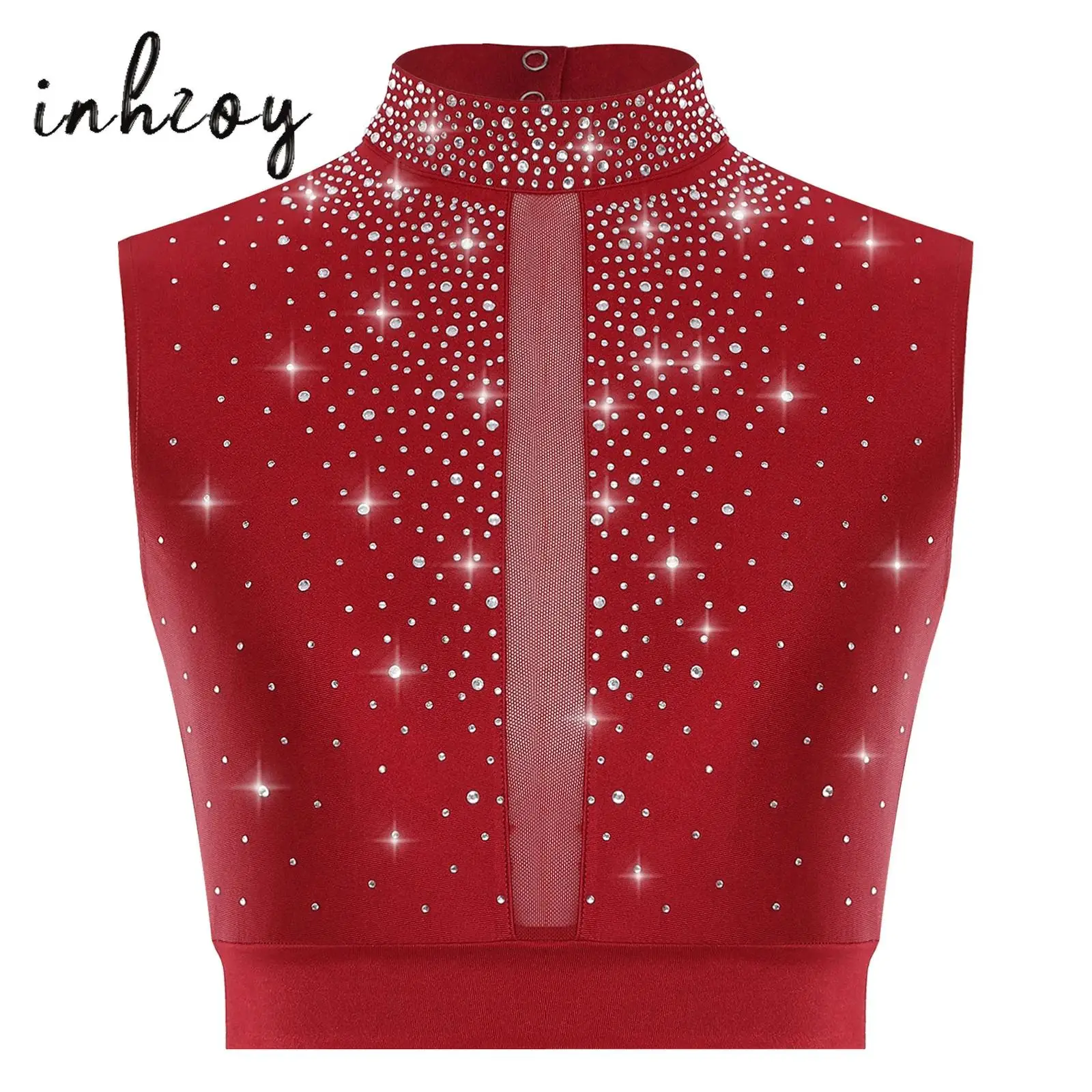 

Women Contemporary Lyrical Dance Tops Mock Neck Sleeveless Keyhole Back Shiny Rhinestone Tank Crop Top Ballet Figure Skating Top