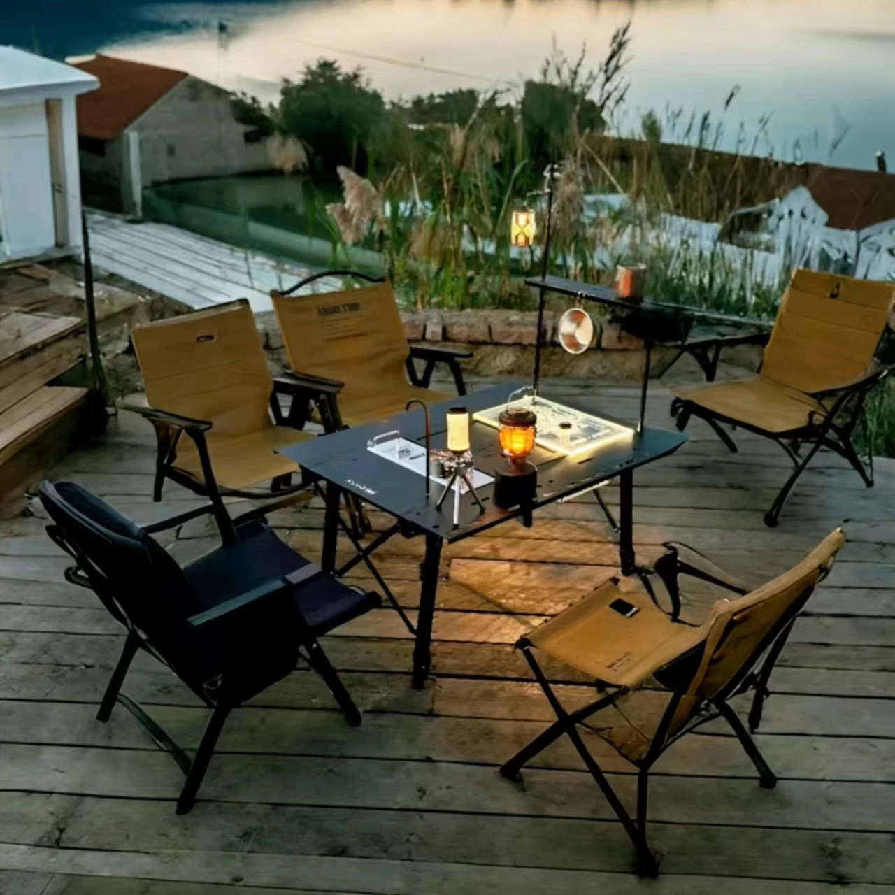 

Black Aluminum Alloy Frame IGT Dining Table Portable Foldable Modern Adjustable Height 4-Seater Outdoor Camping Kitchen Storage