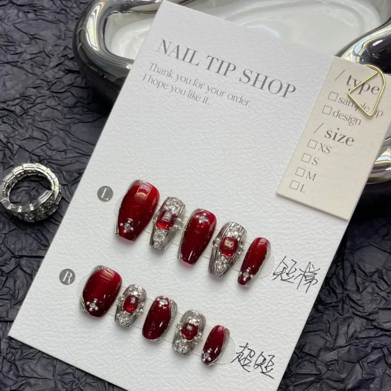 10-teiliges handgefertigtes Prothesen-Nagelset mit Box und Werkzeugen, rot, mittelkurz, zum Aufdrücken der Nägel für Frauen, 2025, künstliche Nägel mit klebrigen Laschen
