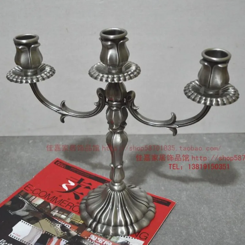 Bright silver metal zinc candle holder European classical three-head home furnishing hotel dining table soft decoration