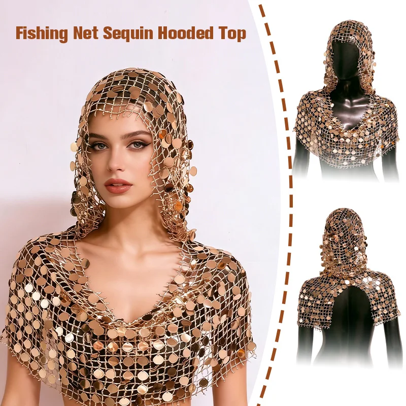 Gold Sequin Hooded Top Ultra-short Backless Camisole Women's Shiny Hollow See Through Fishnet Tank Top Rave Festival Clubwear