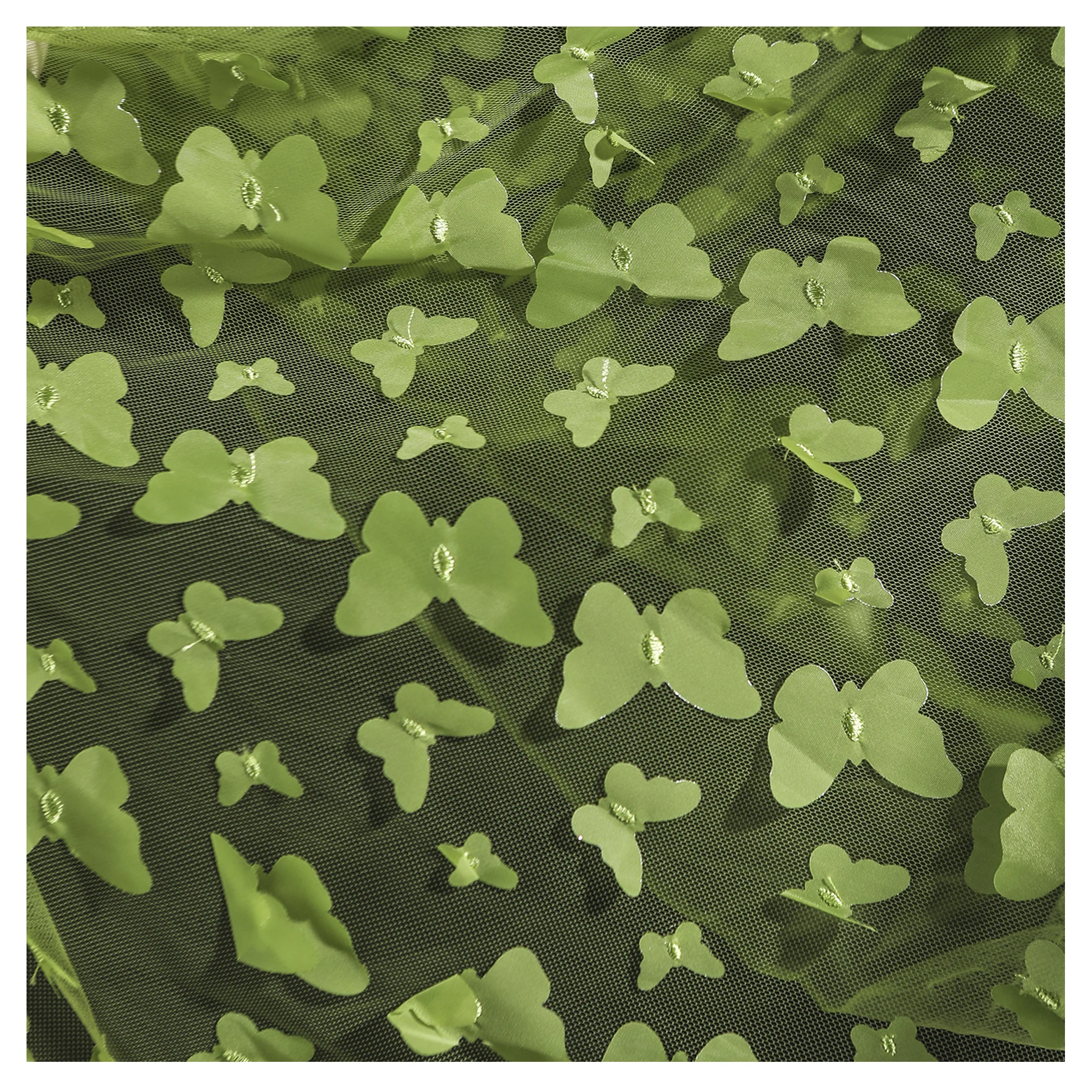 緑色の立体的な踊る蝶のメッシュ、軽量でエレガントな刺繍糸のウェディングドレスデザイナー生地