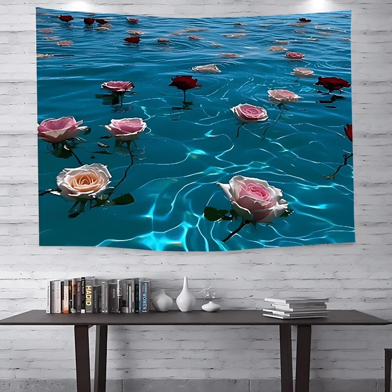 Tapisserie de floraison sous-marine – Roses roses flottantes dans une piscine tranquille, tenture murale pour salon, décoration de chambre à coucher – Serene