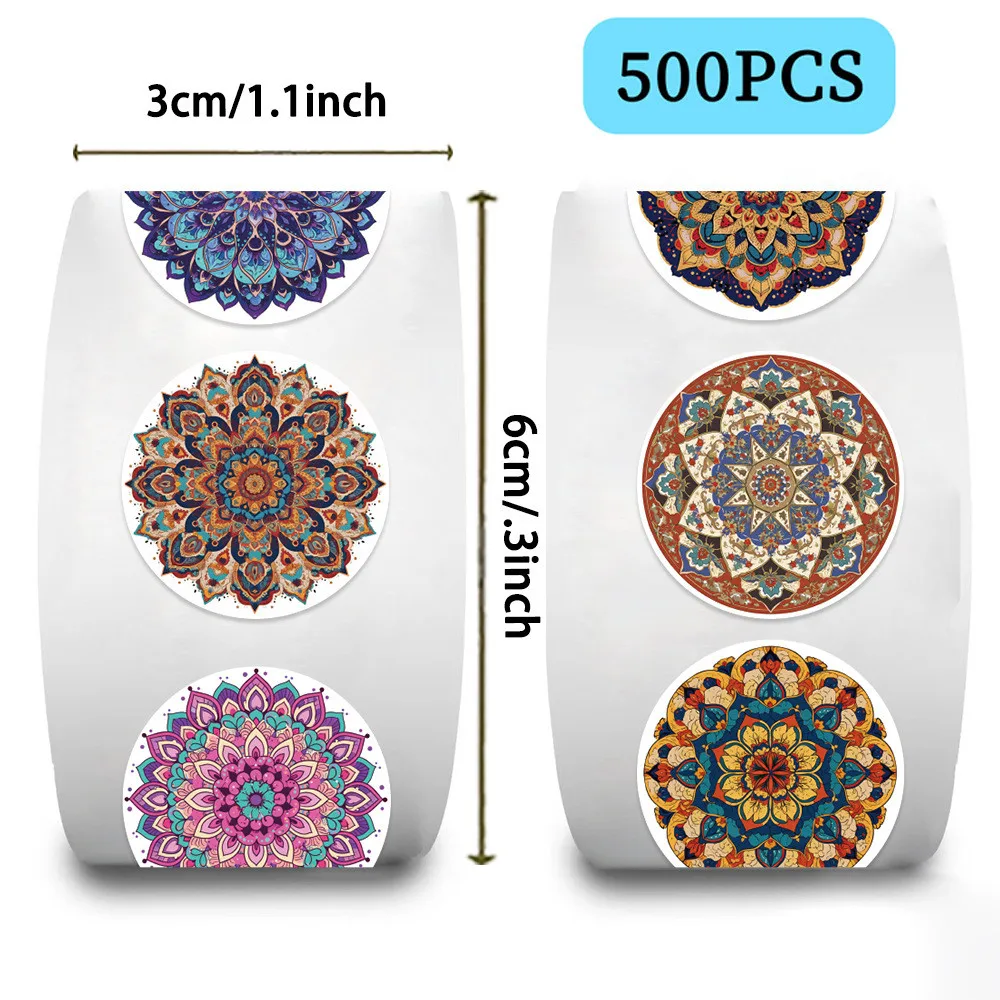 500Pcs/Roll Hot-Selling Mandala Pattern Washi Sealing Stickers- Boho Decor for Journal Envelope Sealing RecordingYourLife Store