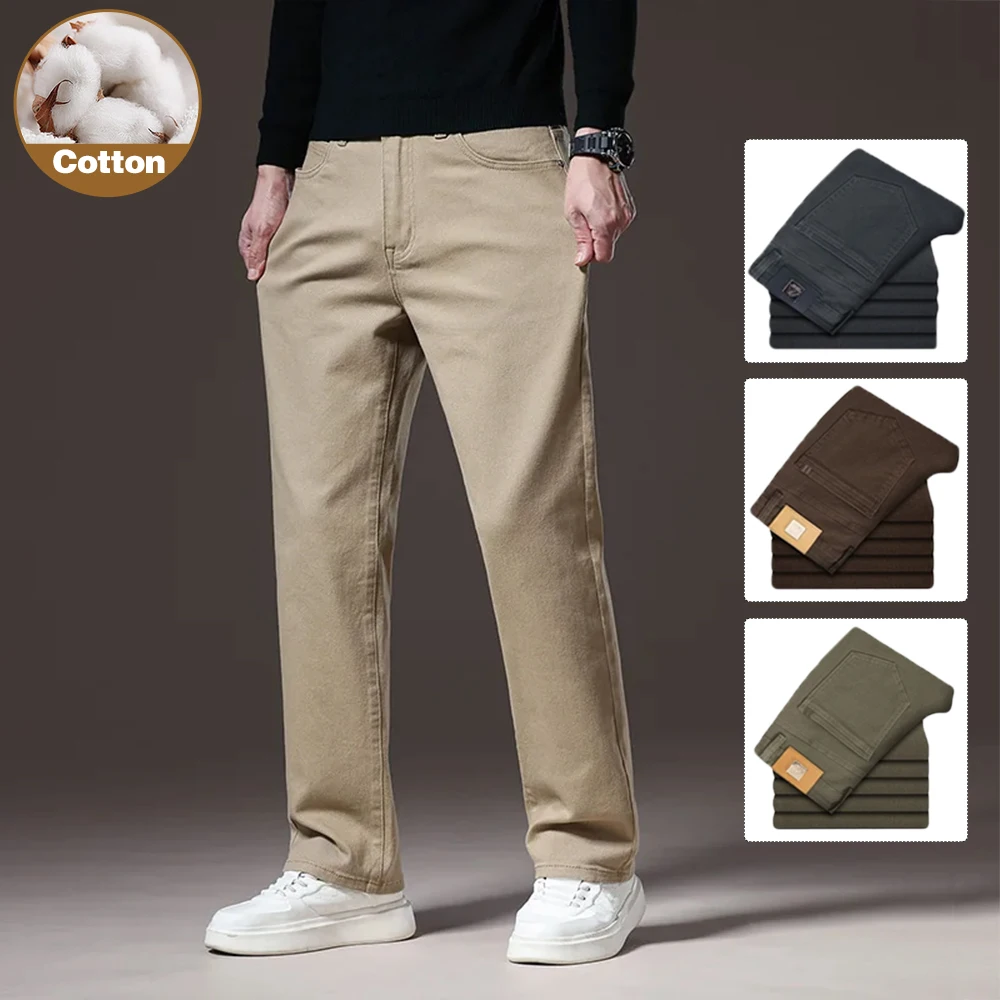 98% Cotton Elastic Jeans Men's Fashion Fit Straight Spring Autumn Washed Denim Pants High Quality Business Work Casual Trousers