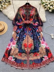 Elegant Lantern Sleeve Single-breasted Dress Bohemian Slim Waist Belt Fashion Dresses Women Vintage A-line Printing Vestidos Wj