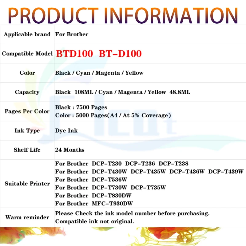 BTD100 Refill Ink For Brother BTD100 BT-D100 D100 Ink Compatible For Brother DCP-T230 DCP-T236 DCP-T238 DCP-T730W T830DW Printer