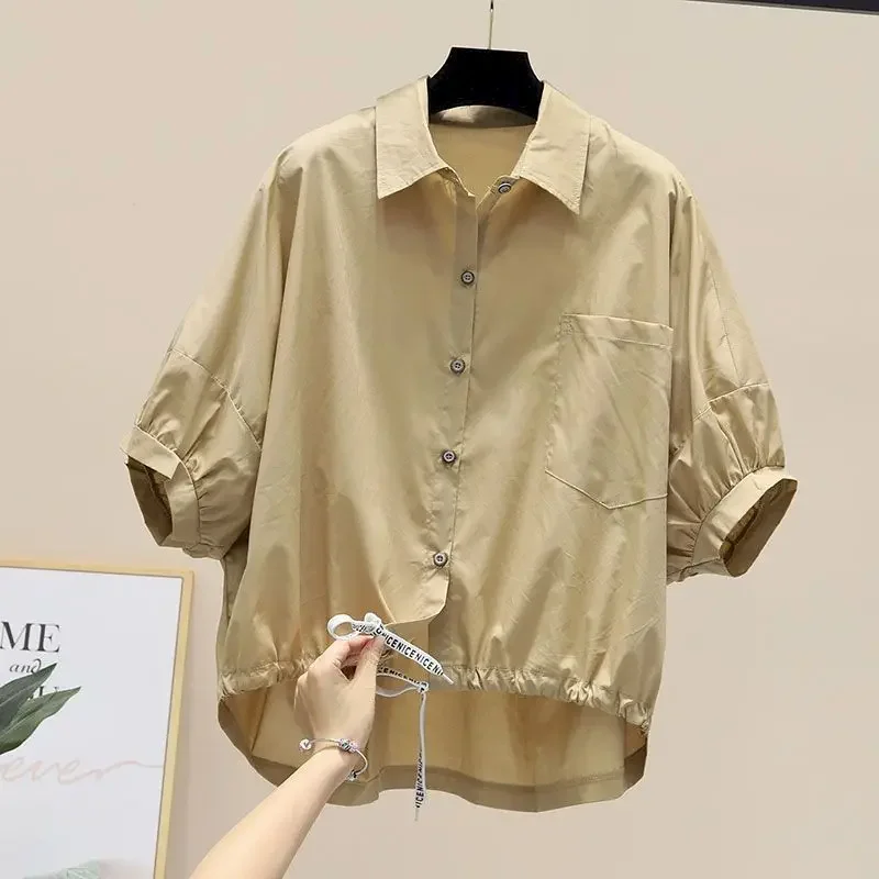 

Рубашки на шнурке с подолом, женская модная однотонная рубашка с рукавами «летучая мышь», свободная повседневная блузка с коротким рукавом, летняя трендовая тонкая рубашка, одежда Y2k