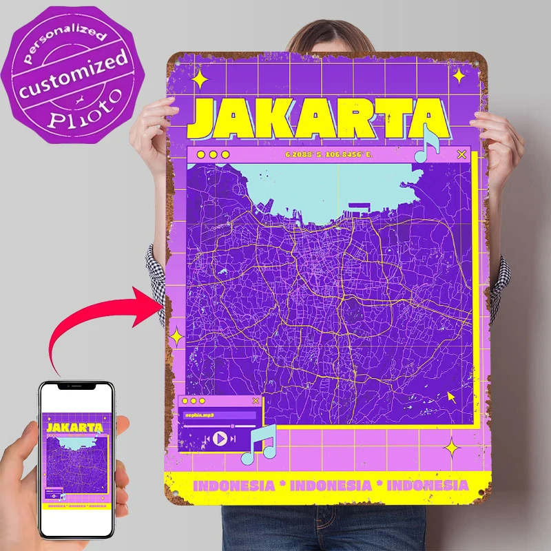Jakarta Map Retro Style Metal Poster Customized Wall Art Retro Vintage Metal Signs for Man Cave Living Room Decor House Interior