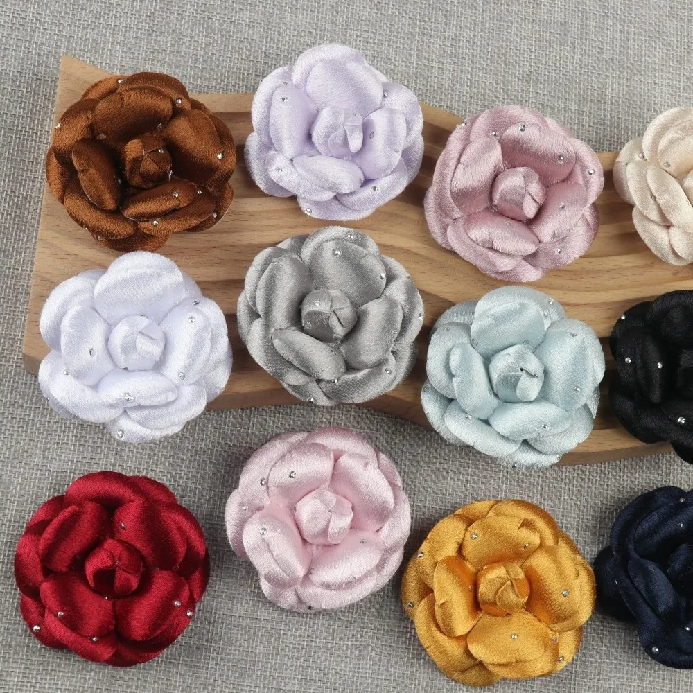 Satin Camellia Flower Embellishment Rhinestone Accents Handmade Satin Flower Ornament 6CM Soft Bag Embellishing Accessory Making