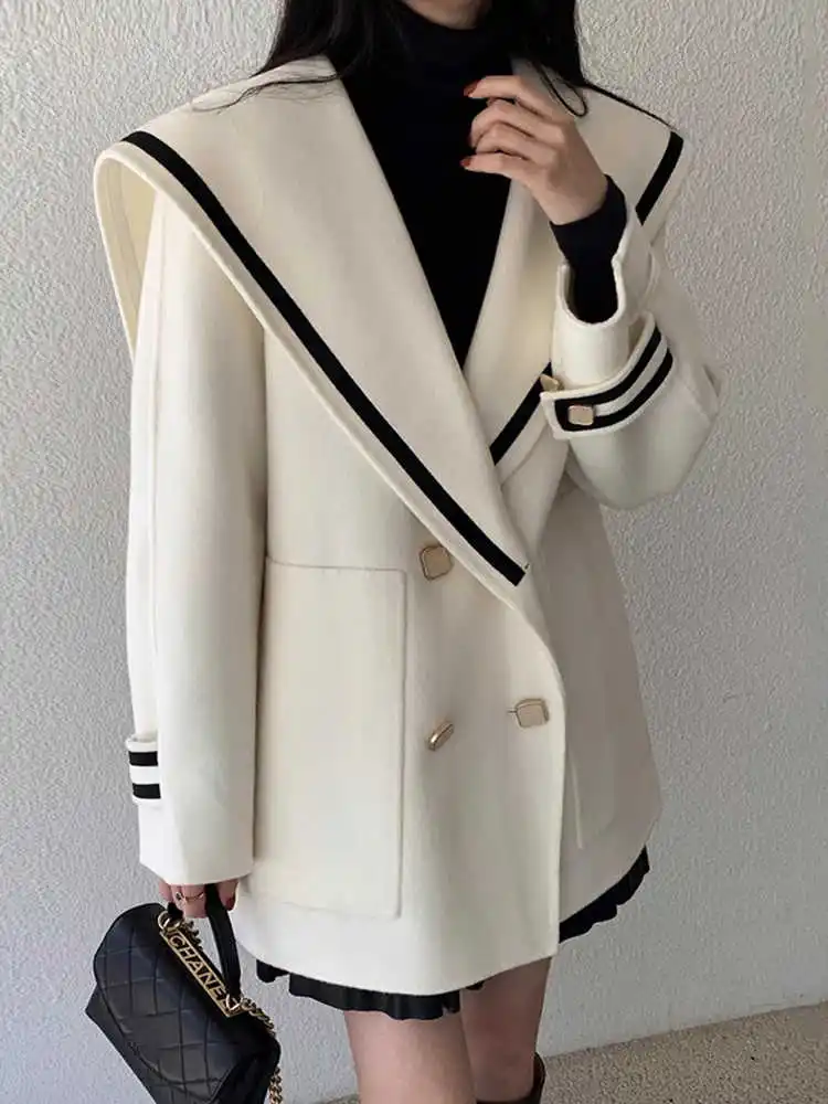 Retro Fashion Navy Collar Woolen Coat Women'S Autumn And Winter French Double Breasted Loose Casual Coat