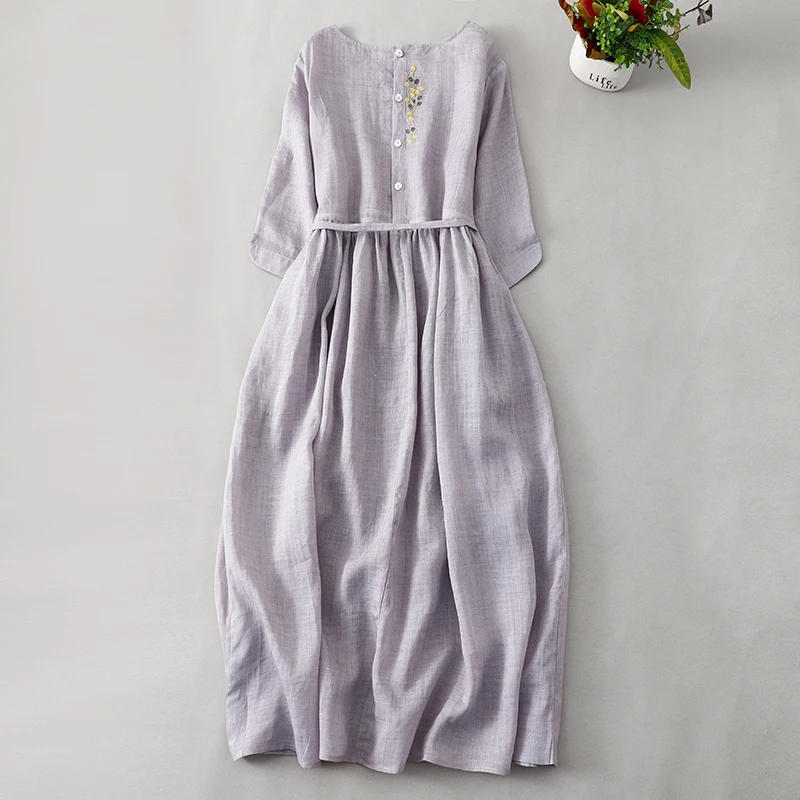 فستان نسائي من الكتان بنصف كم ، رقبة مستديرة ، مطرزة ، فضفاضة ، بسيطة ، أنيقة ، متوسطة ، على الطراز الكوري ، الربيع ، الصيف ، جديد ، ، ، ، ، ،