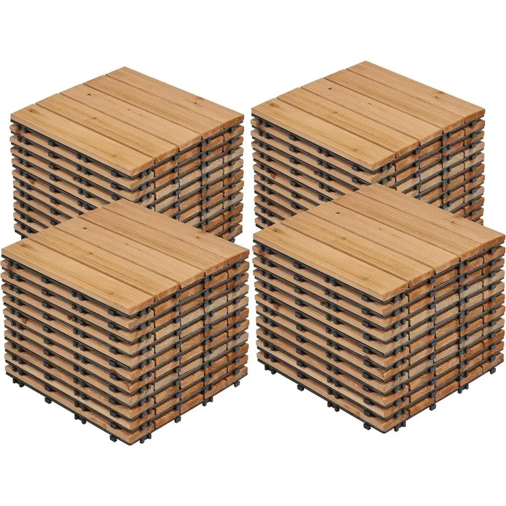 Interlocking Patio Deck Tiles 12 x 12in Wood Floor Tiles Wooden Flooring for Patio Garden Deck Poolside, Natural Wood