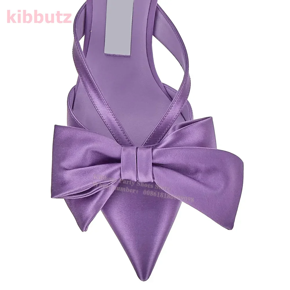 شباشب من الساتان بعقدة على شكل فراشة أرجوانية سادة موضة ضحلة أنيقة ومثيرة عالية للنساء بمقدمة مدببة وكعب رفيع صنادل سهلة الارتداء أحدث