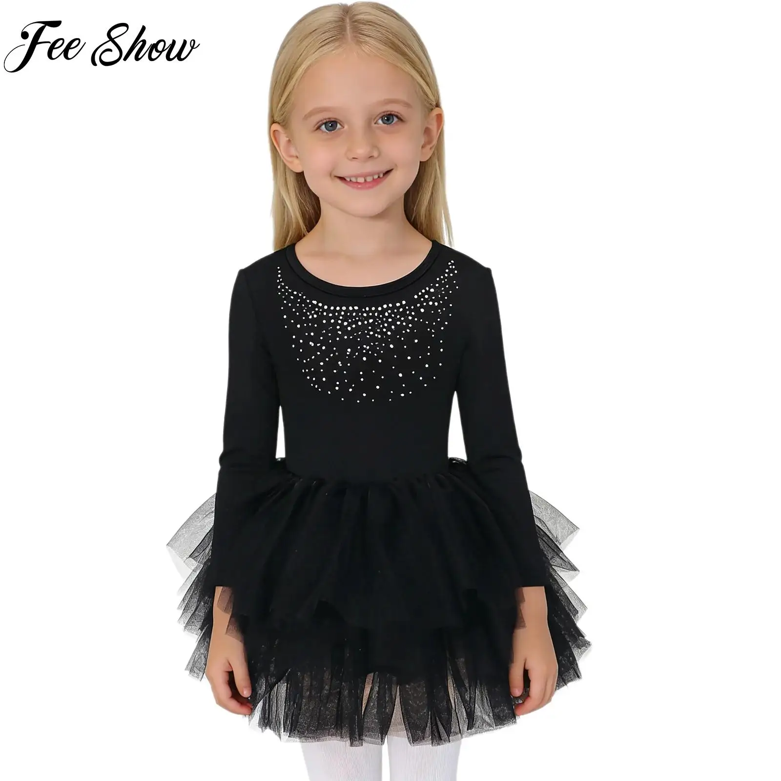 

Kids Girls Ballet Gymnastics Bodysuit Long Sleeve Glittery Rhinestones Cross Back Layered Dress with for Dance Stage Performance