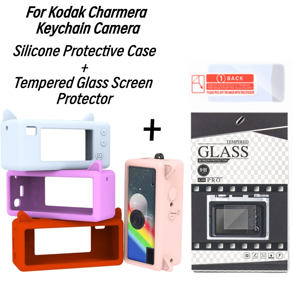 2in1 Protective Kit for Kodak Charmera Keychain Camera Cute Cat Silicone Case & Tempered Glass Screen Protector