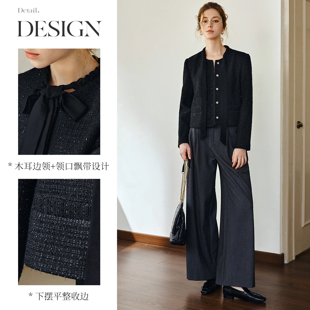 سترات فرنسية أنيقة من OLrain موضة خريف 2025 سترة قصيرة متعددة الاستخدامات وربطة عنق ضيقة مكشكشة ورقبة مستديرة قطع علوية للسيدات GO57QW000938 #3