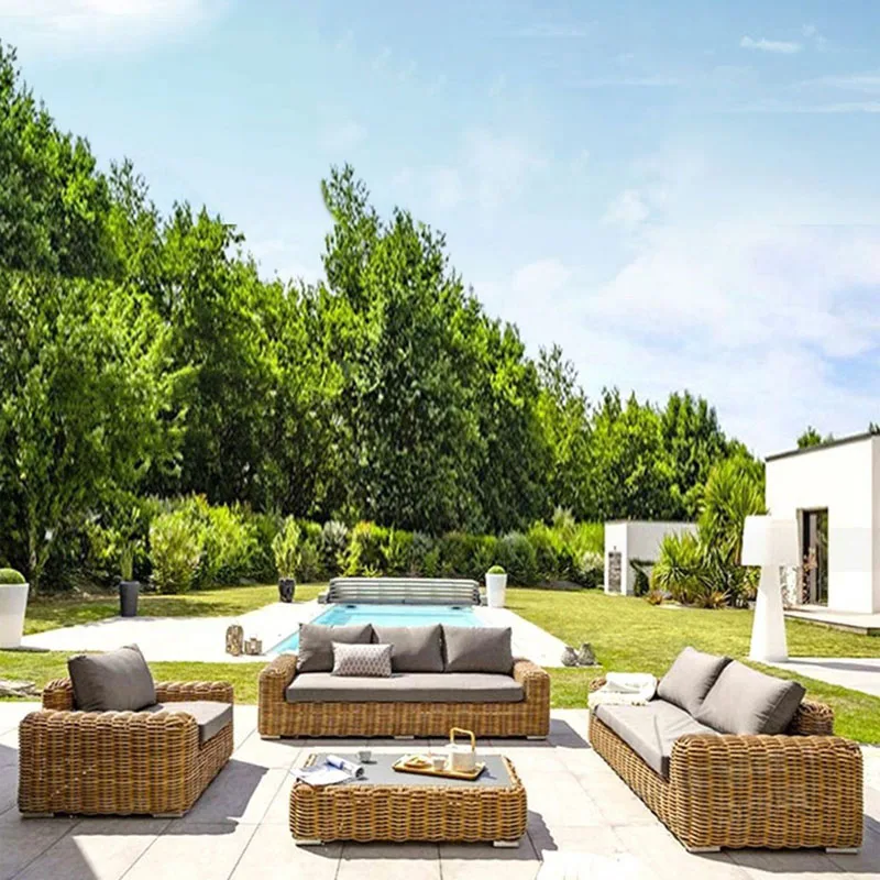 Luxury Outdoor Garden PE Rattan Sofa Set with Waterproof Cushions, Durable Aluminum Frame, Patio Lounge Furniture