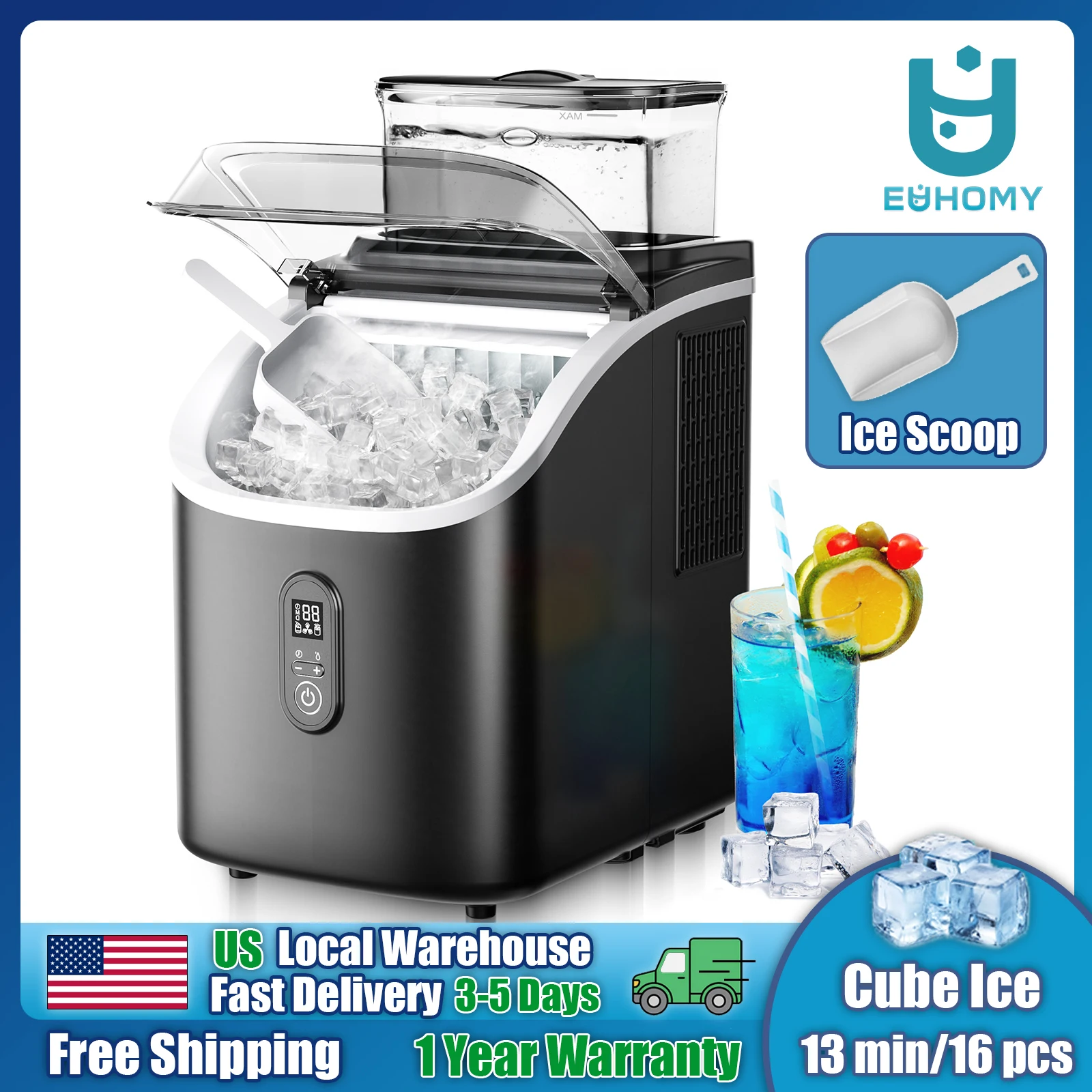 EUHOMY Portable Ice Maker 15kg/24h, 9 Cube in 6 Min, Self-Cleaning Function, Compact Countertop Ice Machine for Home Kitchen Bar