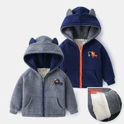 Boys' Casual Cartoon Embroidered Zip-Up Jacket Hoodies Long Sleeve Fleece-Lined Thick Hooded Sweatshirt for Kids 2-7 Years Old