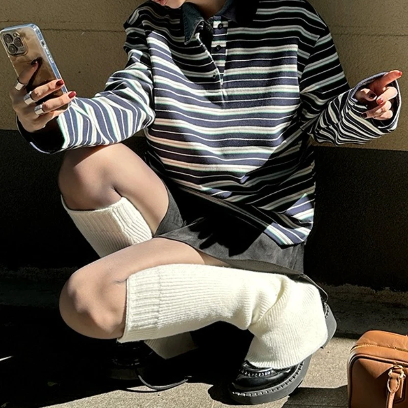 

Trendy foreign style retro splicing autumn and winter contrasting colors striped thickened POLO shirt long-sleeved T-shirt