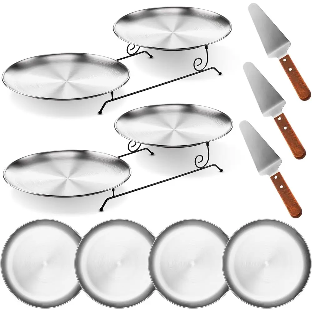 

Set of 9 Pizza Tools: 2-tier Tray Stand, 4 Stainless Steel Pans, 4 Wooden Knives for Home & Party Use (Silver)