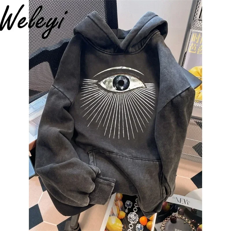 

High Street Hiphop Eye Printed Sweatshirt European and American Autumn Oversize Women's Heavy Washed Long Sleeve Hooded Jacket