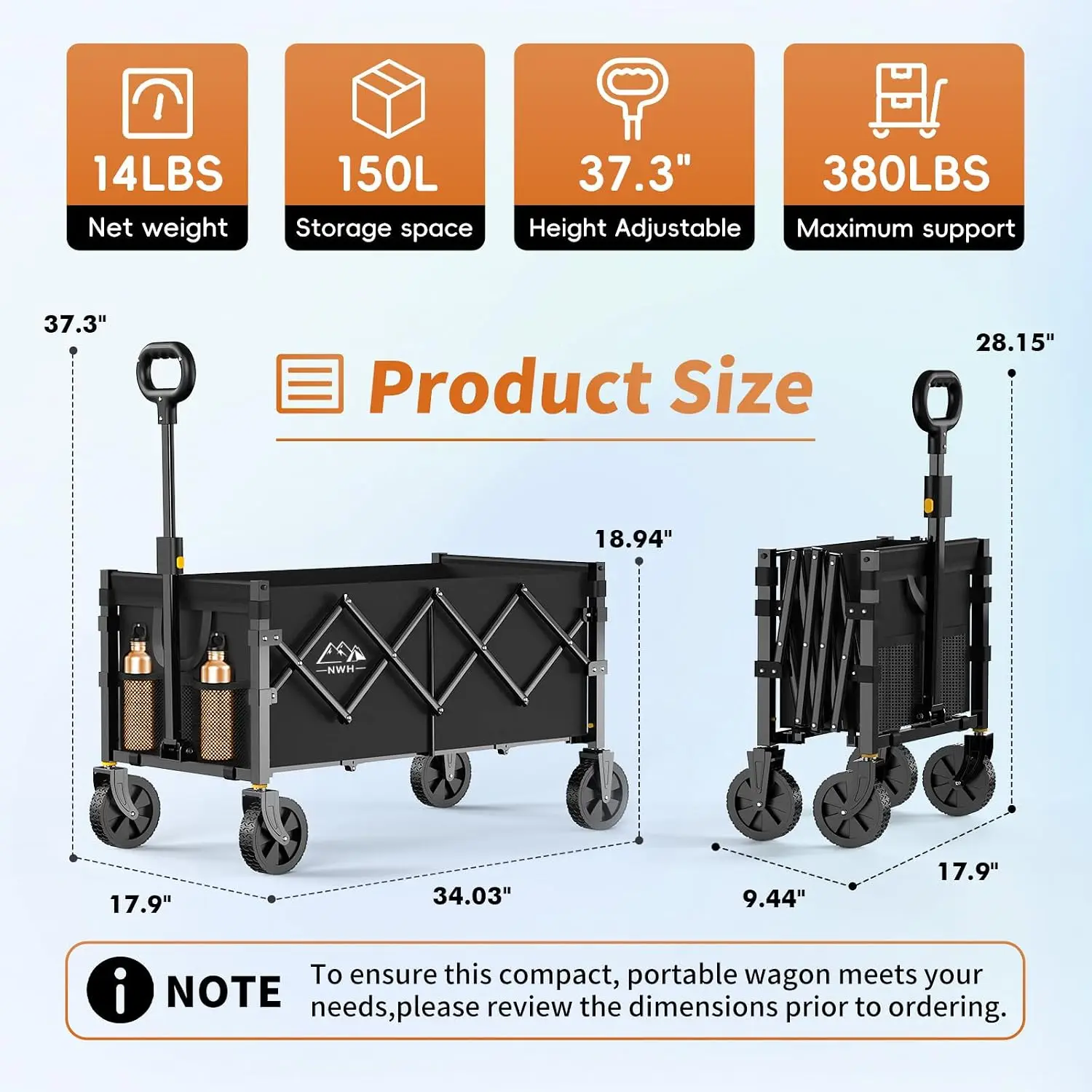 34'' Extra Long Collapsible Wagon, 380lbs Capacity Folding Cart with Wheels, Heavy Duty Utility with All-Terrain Wheels