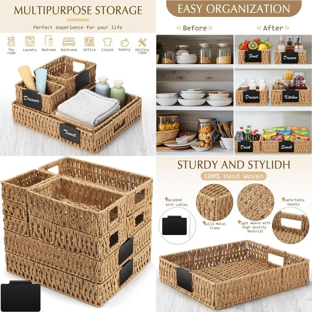 

Корзины из бумажной веревки ручной работы с ручками, многоразмерные контейнеры для хранения основного цвета для организации дома