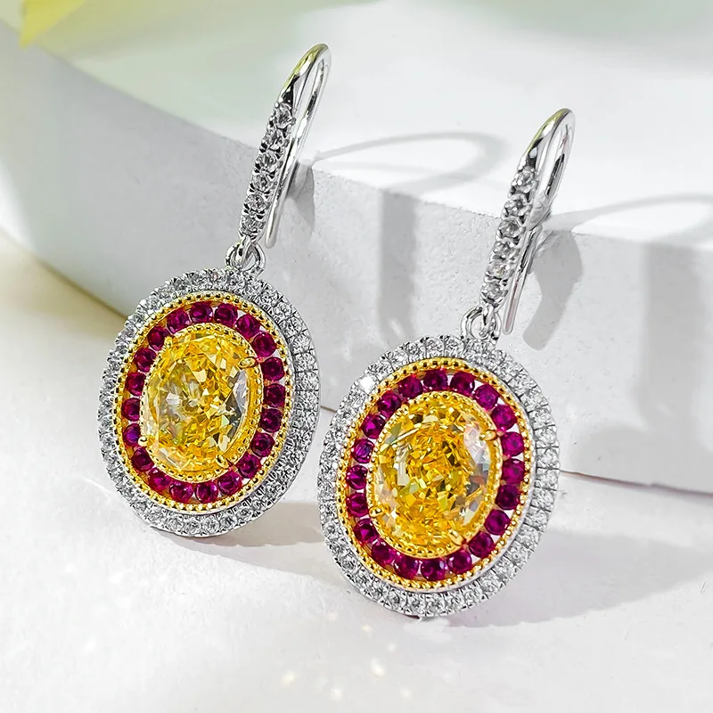 

European and American New S925 Silver Little Red Book Same Yellow Diamond 7 * 9 Unique Design Earrings for Women