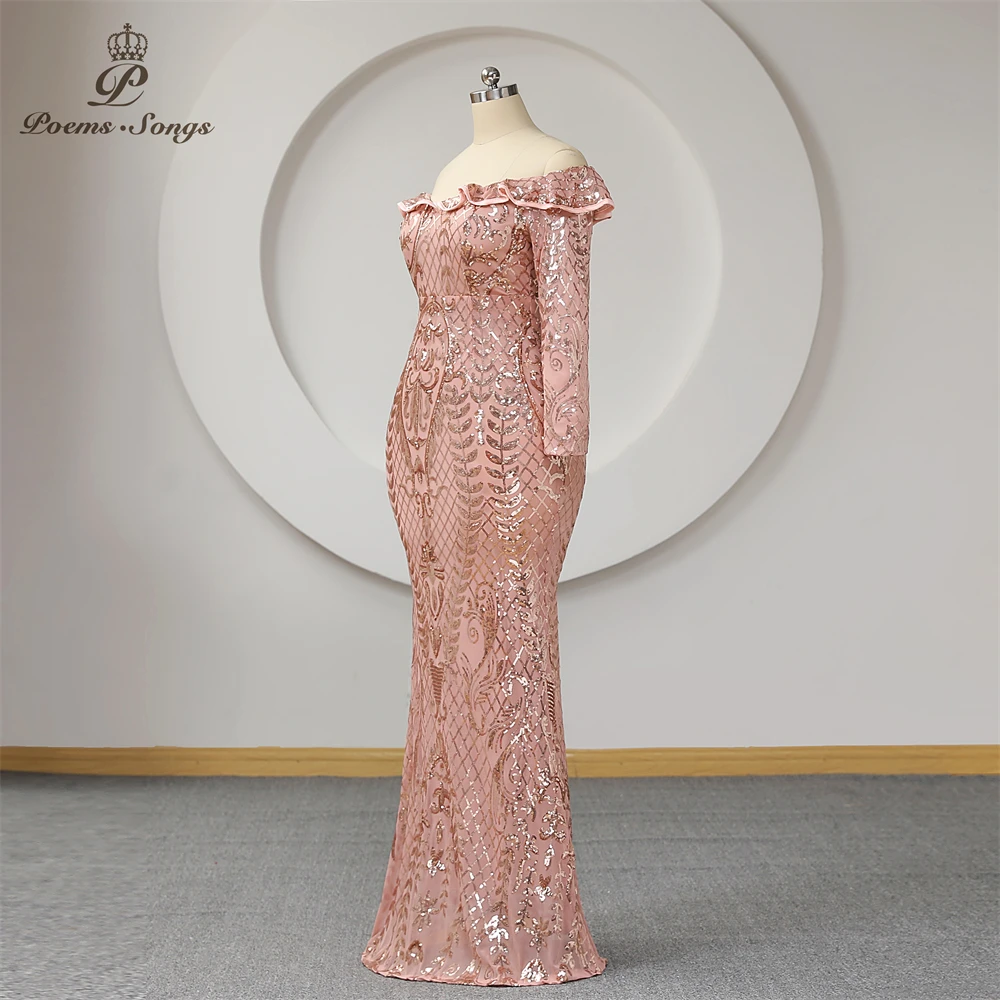 Rose Gold Sequins Long Sleeves Evening Dress Mermaid Ruffle Off Shoulder Plus Size Women Trumpet Prom Dresses Party Maxi dress