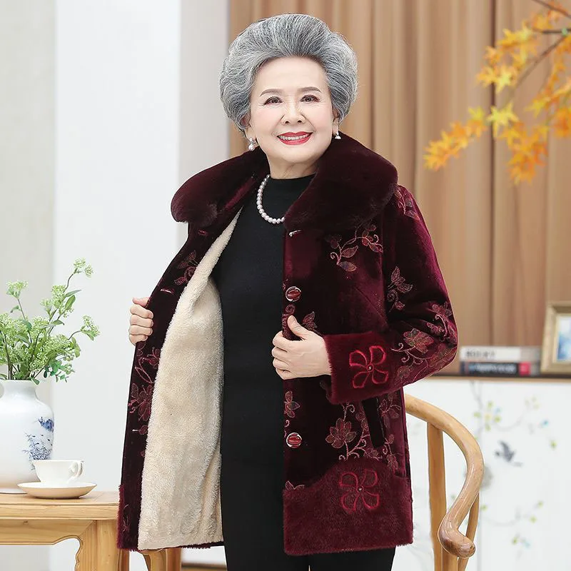 Old People Winter Woolen Jacket Long Coat 5XL Women\'s Warm Outerwear Grandma Thicken Sheep Shearing Fur Coats W1764