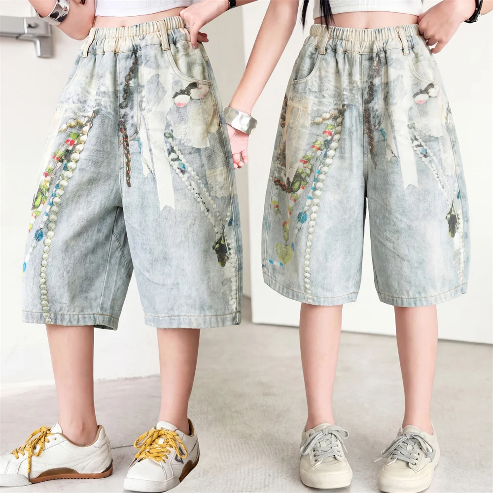 

Street Style Children Hip Hop 3D Print Denim Shorts For Teen Girls Capris Pants Kids Teenager Fashion Rap Mid Calf Cropped Jeans