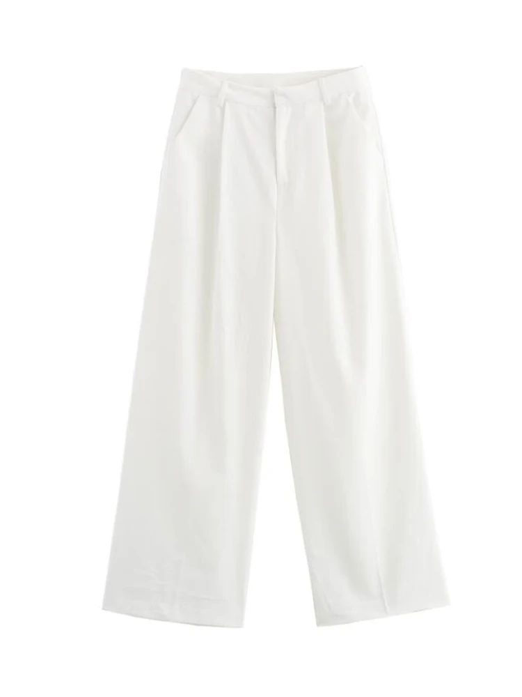 

Women Summer Pleated Straight Pants 2024 Casual Solid Linen High Waist Female Elegant Street Pant Trousers Clothing