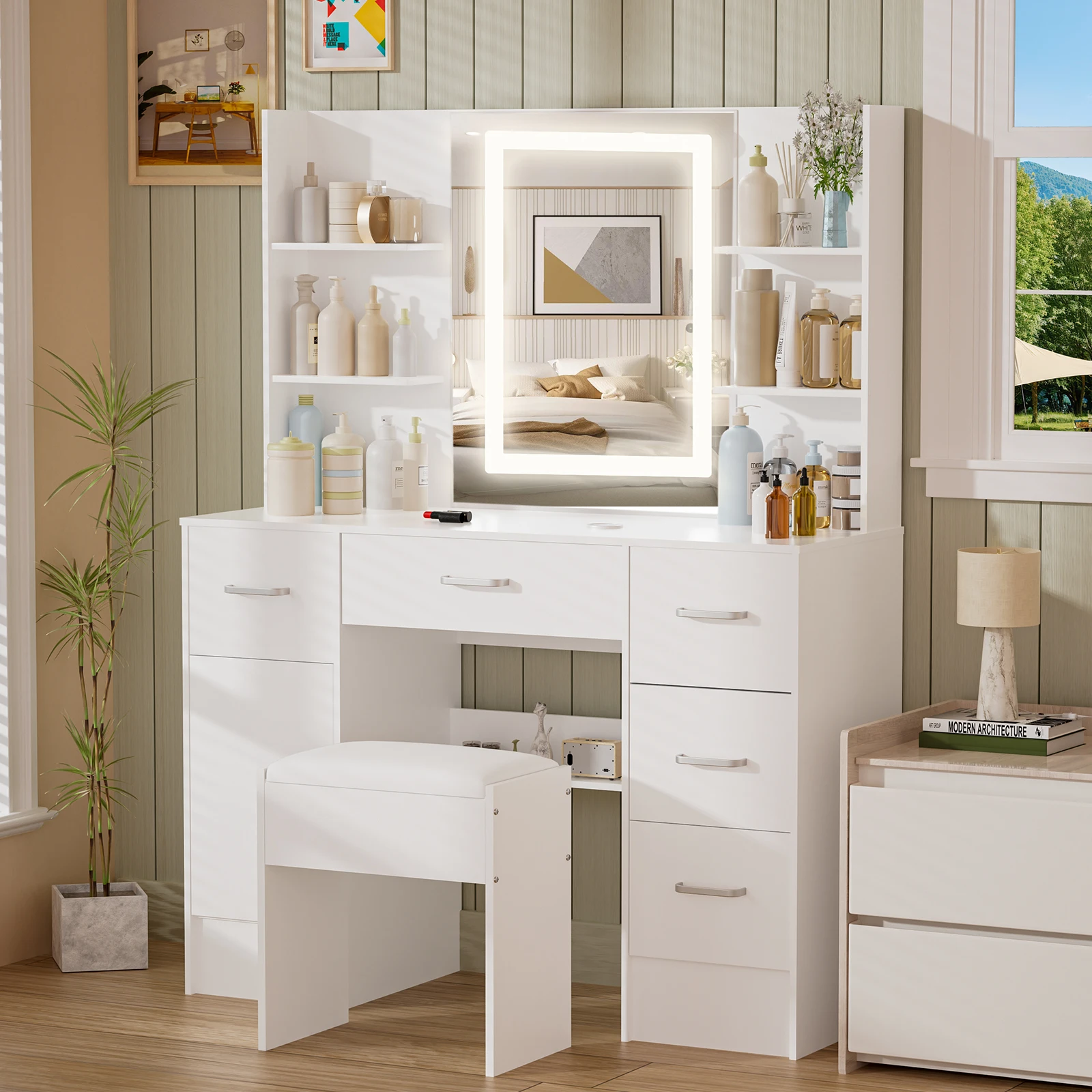 Office Furniture Okc - طاولة تجميل مزودة بإضاءة LED، طاولة