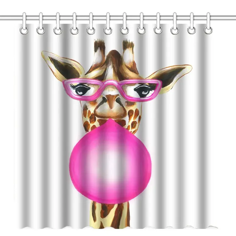 Shower Curtain with Hooks, Funny Giraffe with Glasses and Pink Palette Bubble Gum Humorous Design Artwork